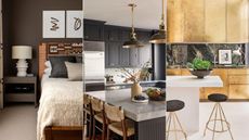 Triptych images. Left: brown bedroom with cream bedding and lamp on brown wood table. Middle: modern kitchen with gray cabinets and white ceiling with light gray marble countertop and wood island chairs. Right: Modern kitchen with gold colored cabinets, white island and two gold and black stools with slim legs