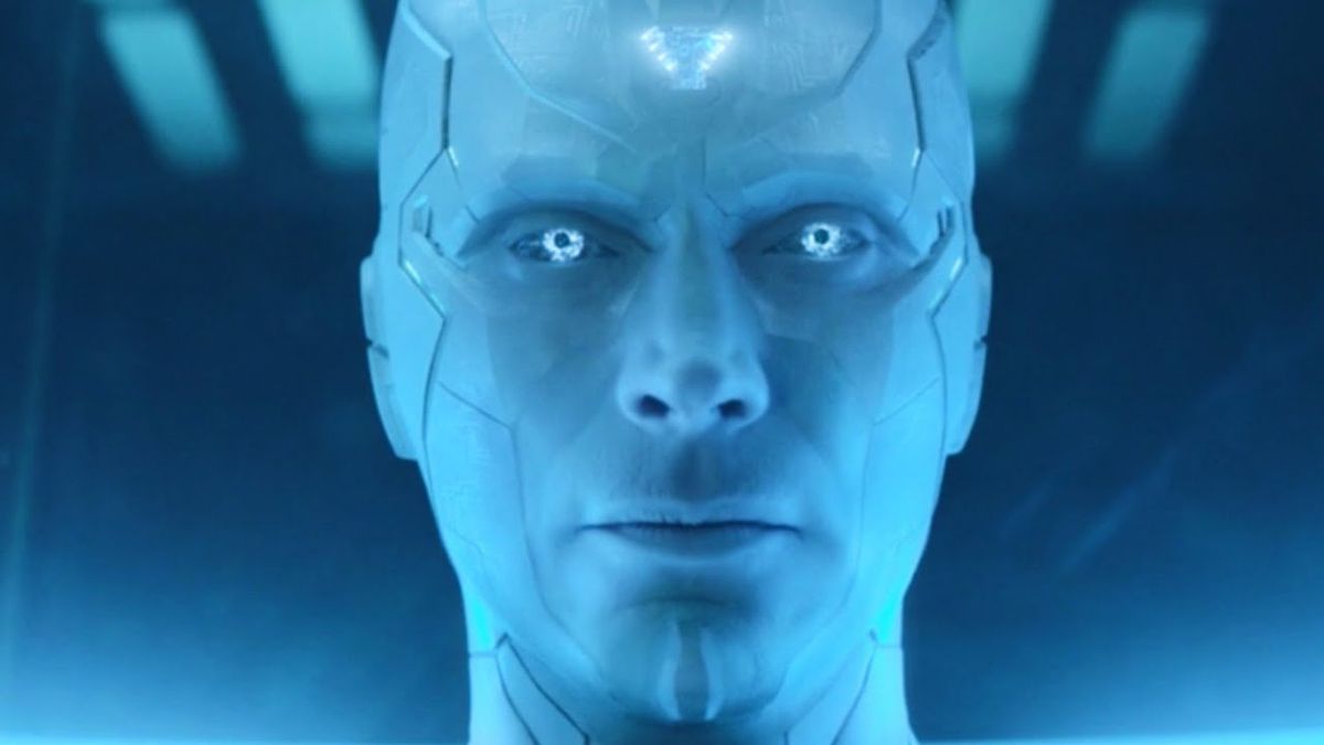 A close up shot of White Vision in Marvel&#039;s WandaVision TV series on Disney Plus