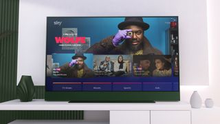 The Sky Glass TV in a living room with the main interface displayed on the screen