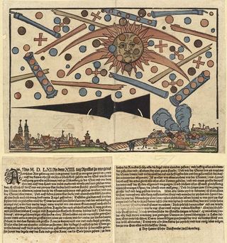 a woodcut engraving and manuscript with an illustration of strange geometric shapes floating in the sky over a village