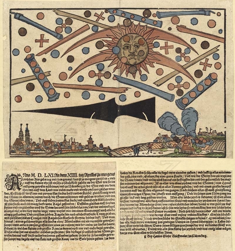 ukiran kayu dan manuskrip dengan ilustrasi bentuk geometris aneh yang melayang di langit di atas sebuah desa