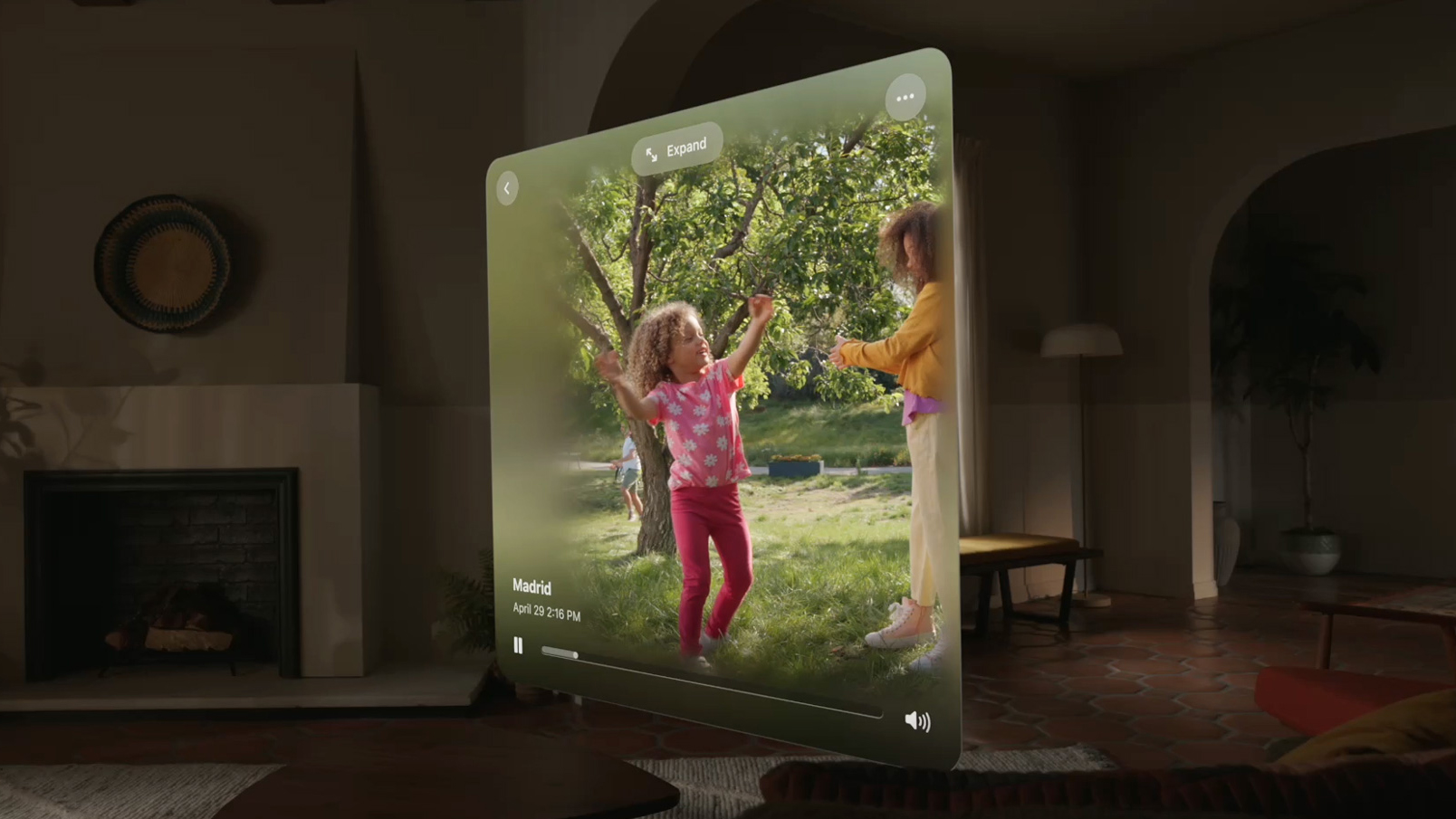 A 3D video of a child's birthday being replayed in a living room on the Apple Vision Pro