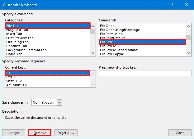 Word remove keyboard shortcut