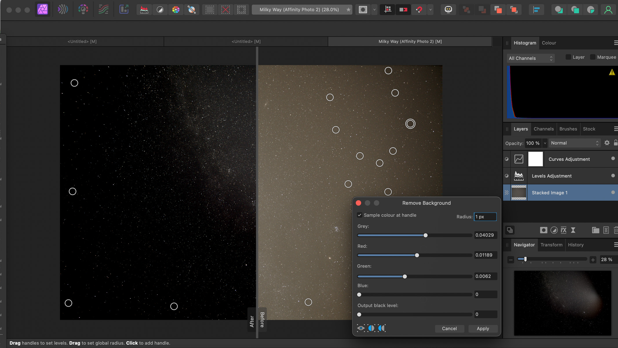 Remove Background tool being used on an astro photo in Affinity Photo 2