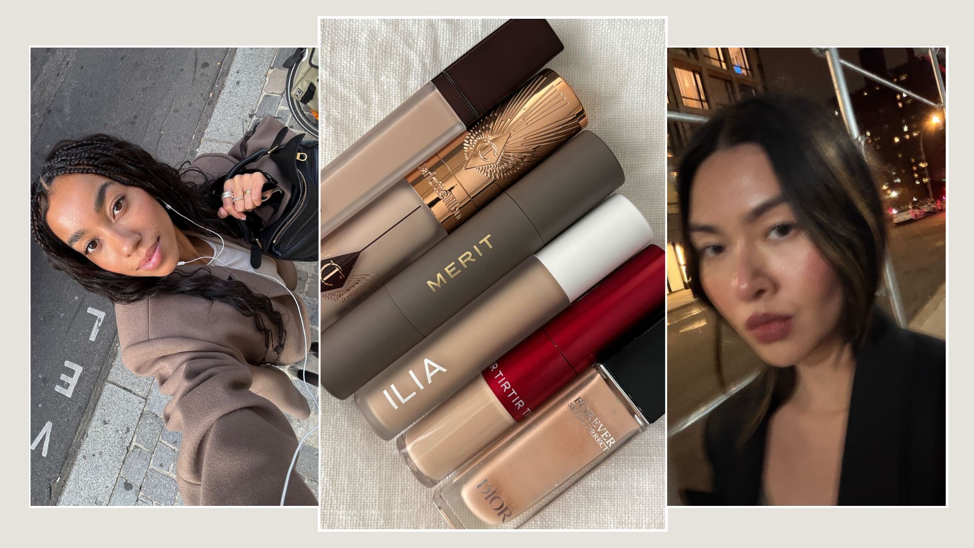 Two creators with glowing skin taking selfies, and a picture of the best blurring concealers