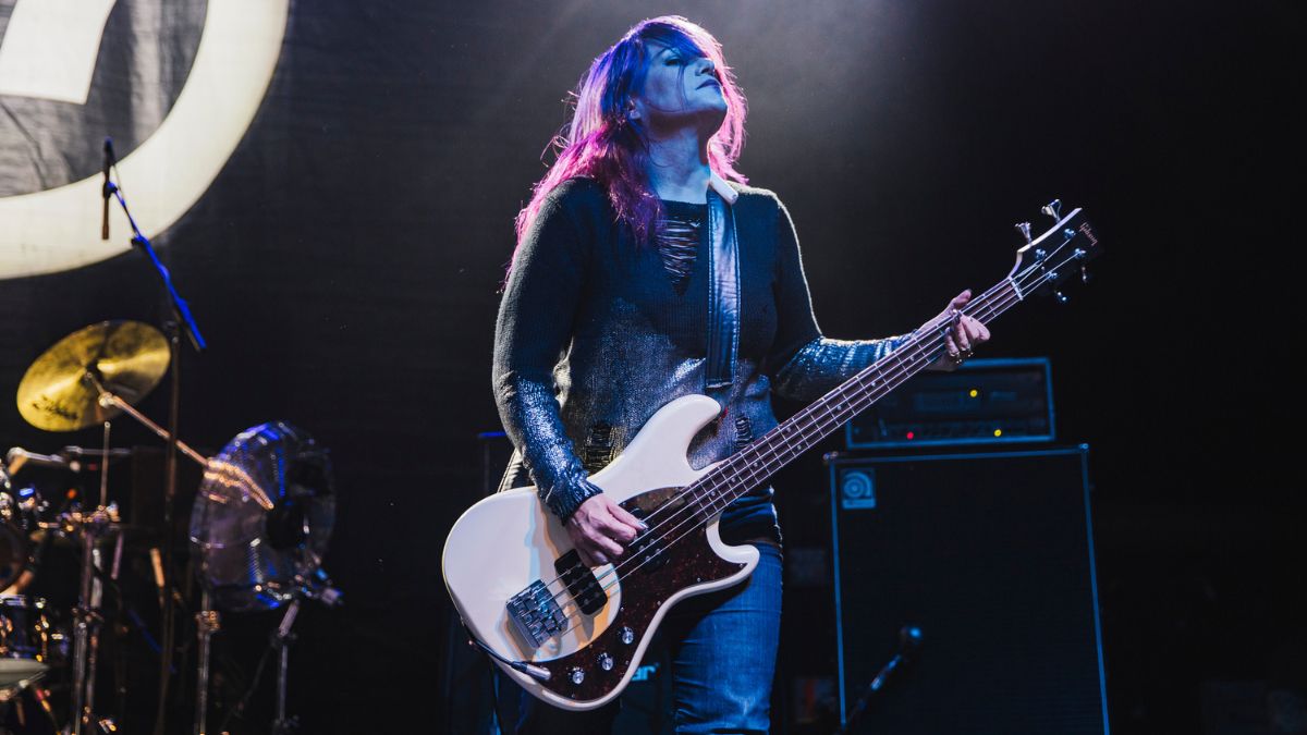 Jennifer Finch of L7 performs at The Ritz, Manchester on September 10, 2016 in Manchester, England