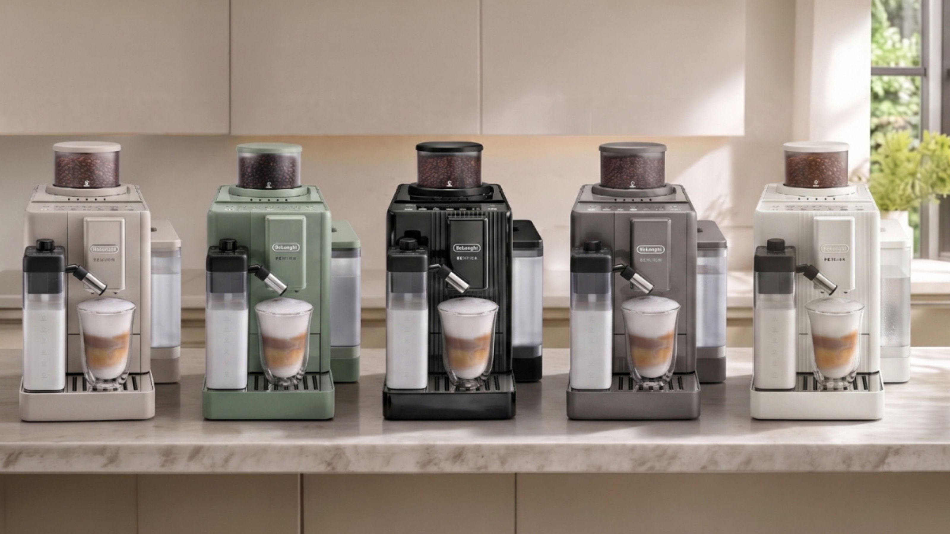 Image of five De'Longhi Rivelia coffee machines in different colors on a marble countertop in a beige kitchen.