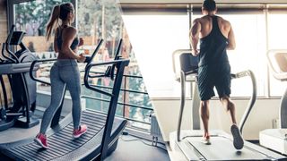 Side by side: image on right man running on a flat treadmill and image on left woman walking on a curved treadmill 