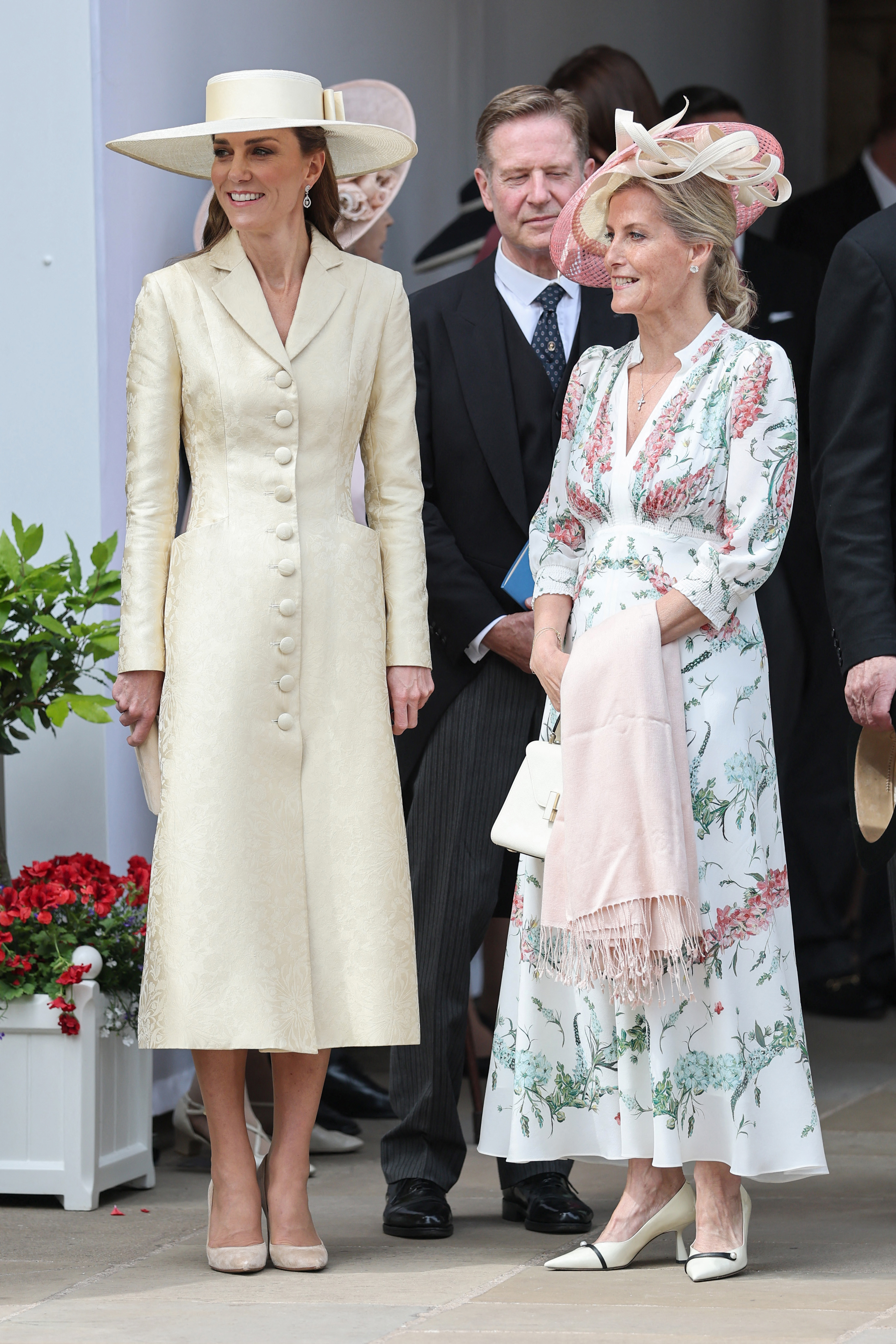 Princess Kate wearing the butter yellow trend for Garter Day 2026, with a brocade coat dress and matching wide-brim hat
