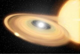 An artist’s concept of a white dwarf stealing gas from a larger companion star.
