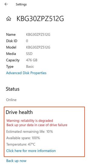 Storage health on Windows 10