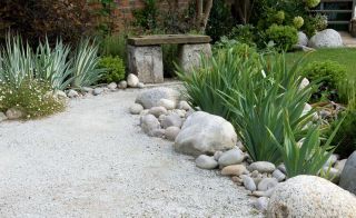 gravel path in small garden with stones dotted around the outskirts, and plants within the borders