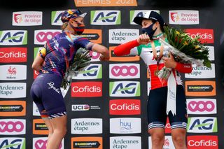 MUR DE HUY BELGIUM APRIL 21 Podium Katarzyna Niewiadoma of Poland and Team Canyon SRAM Racing Elisa Longo Borghini of Italy and Team Trek Segafredo celebrates during the 24th La Fleche Wallonne 2021 Women Elite a 1302km race from Huy to Mur de Huy 204m FlecheWallonne FWwomen UCIWWT on April 21 2021 in Mur de Huy Belgium Photo by Bas CzerwinskiGetty Images