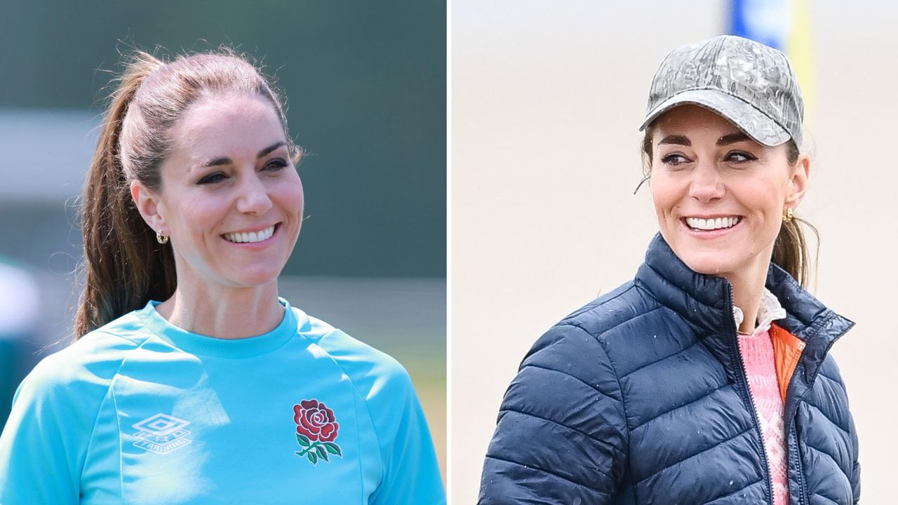 Composite of two pictures of Kate Middleton wearing the Orelia Chain Huggie Hoop earrings in Maidenhead in 2023 and in Fife in 2021