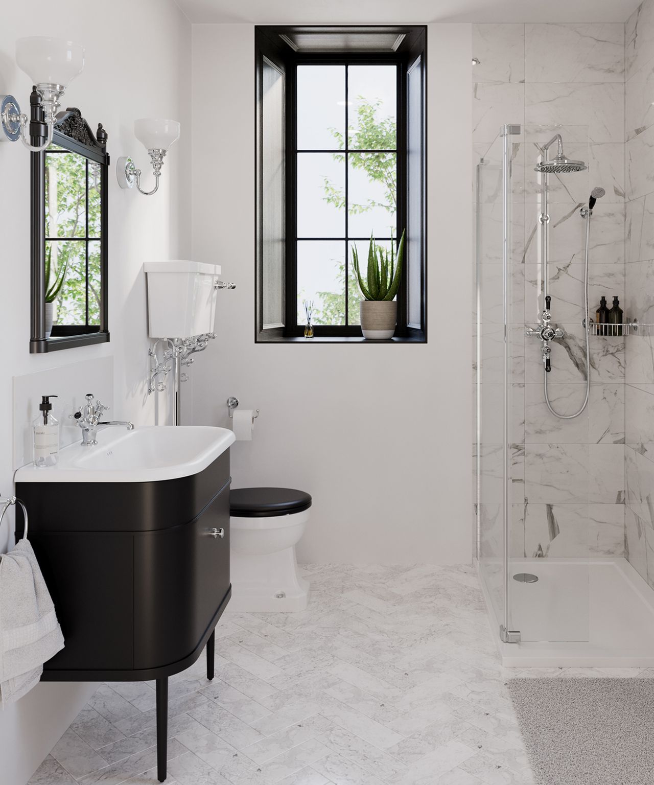 Luxurious monochrome bathroom with round black bathroom counter, shower enclosure and marble walls