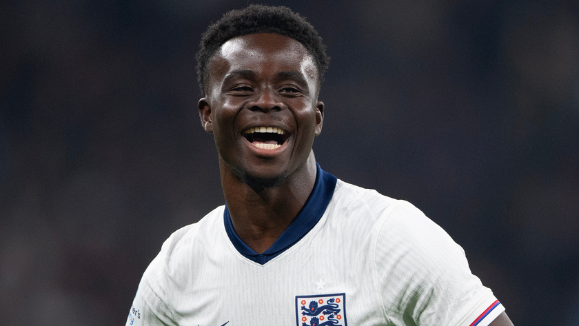  Bukayo Saka celebrates as Morgan Rogers opens the scoring for England during the International Friendly between England and Wales at Wembley Stadium on October 09, 2025 in London, England. 