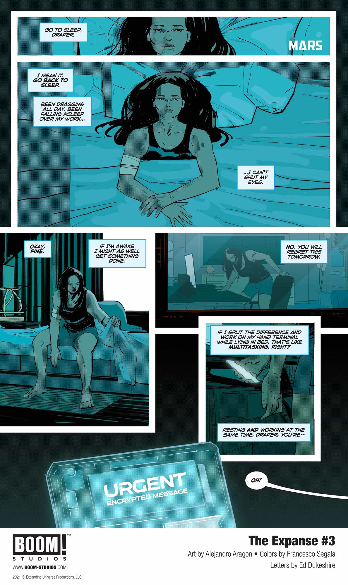 Avasarala and Bobbie face dire threats in "The Expanse" issue three of Boom! Studios' comic book miniseries.