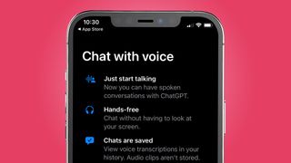 A phone on a pink background showing ChatGPT's voice feature