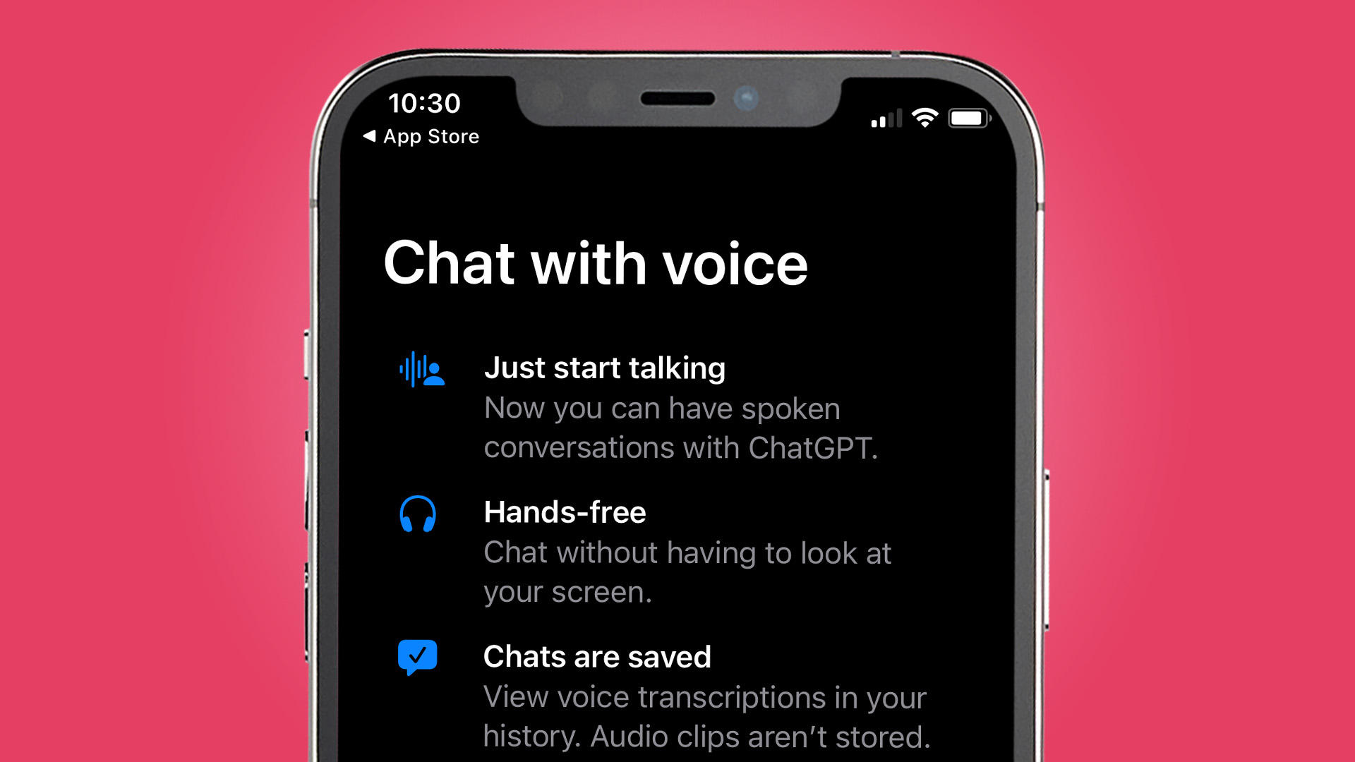 A phone on a pink background showing ChatGPT's voice feature