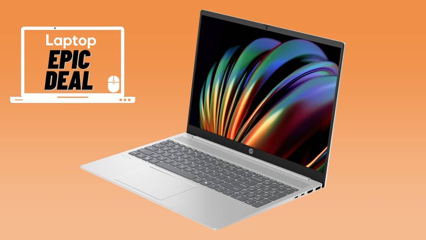 HP Pavilion 16 laptop against orange gradient background