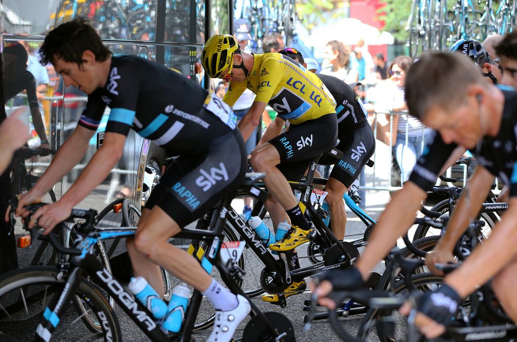 Team Sky were seen warming up on trainers pre-stage on several occasions