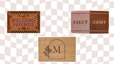 Best indoor doormats image on checkered background with three doormats - one reads welcome friends, another with family logo and one reading salut and adieu