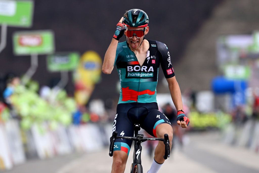 BRENTONICO SAN VALENTINO ITALY APRIL 19 Lennard Kmna of Germany and Team BORAHansgrohe celebrates at finish line as stage winner during the 46th Tour of the Alps 2023 Stage 3 a 1625km stage from Ritten to Brentonico San Valentino 1321m on April 19 2023 in Brentonico San Valentino Italy Photo by Tim de WaeleGetty Images