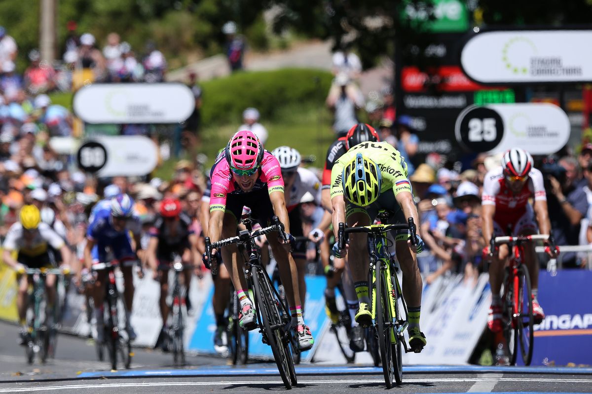 Jay McCarthy wins the stage in a bikethrow from Diego Ulissi (Lampre-Merida)