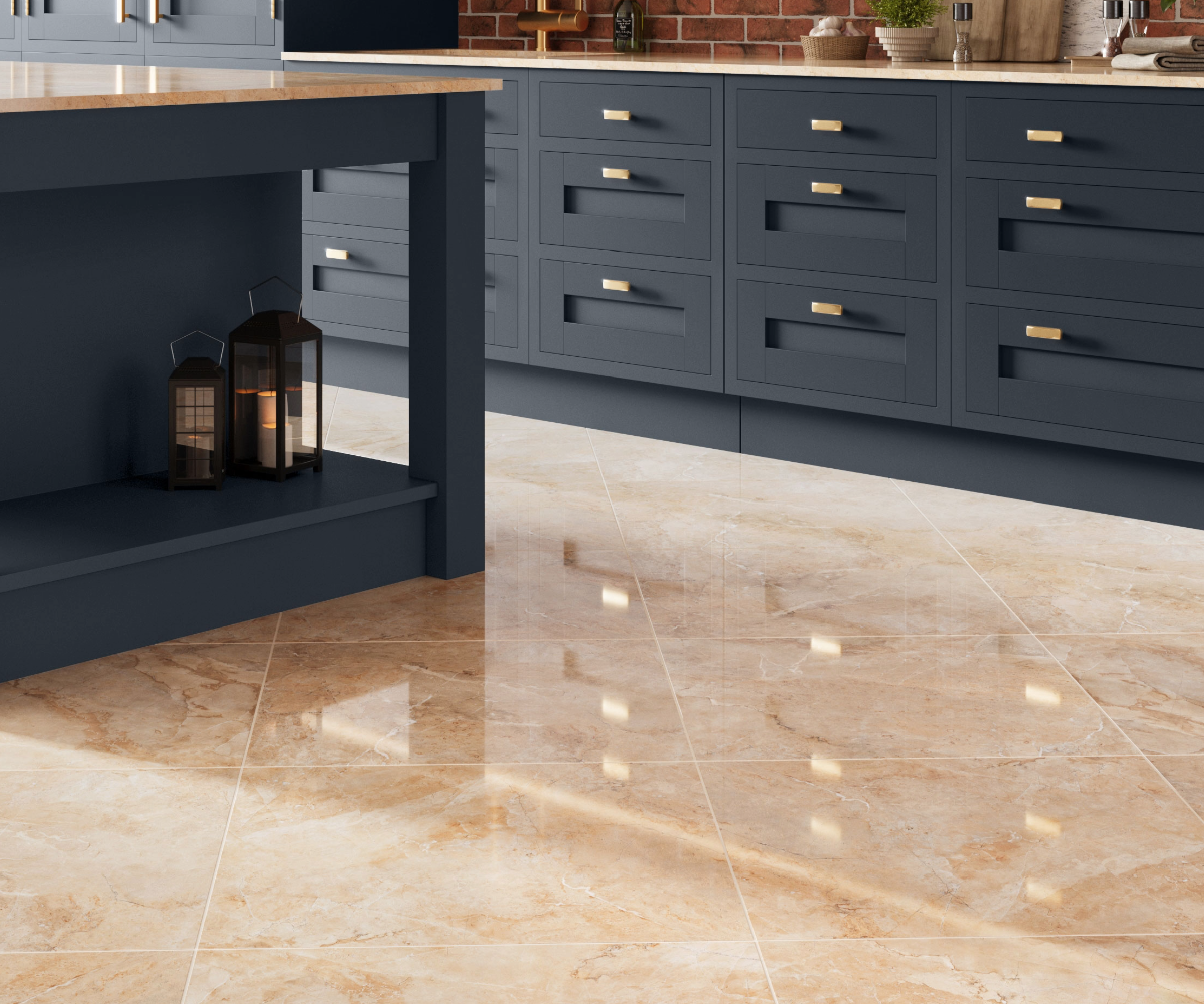 Glossy kitchen floor tiles with navy cabinets