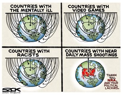 Political Cartoon U.S. Countries with Mental Illness Racism and Video Games but No Shootings