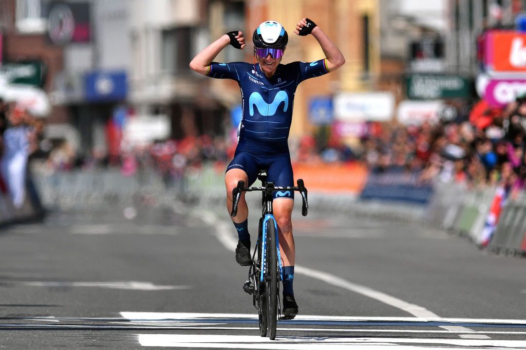 LIEGE BELGIUM APRIL 24 Annemiek Van Vleuten of Netherlands and Movistar Team Women celebrates at finish line as race winner during the 6th Liege Bastogne Liege 2022 Femmes a 1421km one day race from Bastogne to Lige LBL LBLwomen UCIWWT on April 24 2022 in Liege Belgium Photo by Luc ClaessenGetty Images