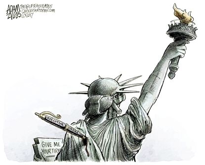 Political Cartoon U.S. Statue of Liberty refugees executive order