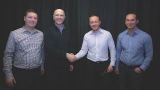 (From left): Marc Naese, Panduit SVP Network Infrastructure Business; Dennis Renaud, Panduit CEO; Ilya Khayn, Atlona CEO and Co-founder; Michael Khain, Atlona VP Product Development/Engineering and Co-founder.