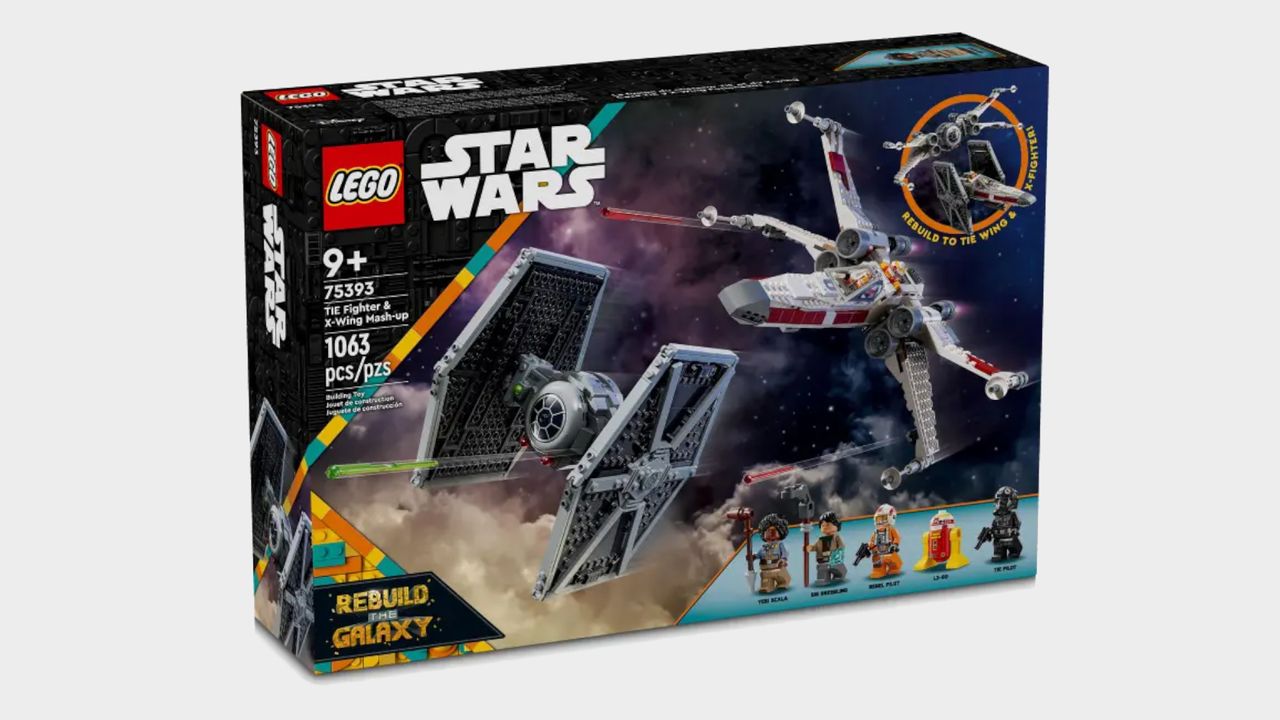 Lego TIE Fighter &amp; X-Wing Mash-up box on a plain background