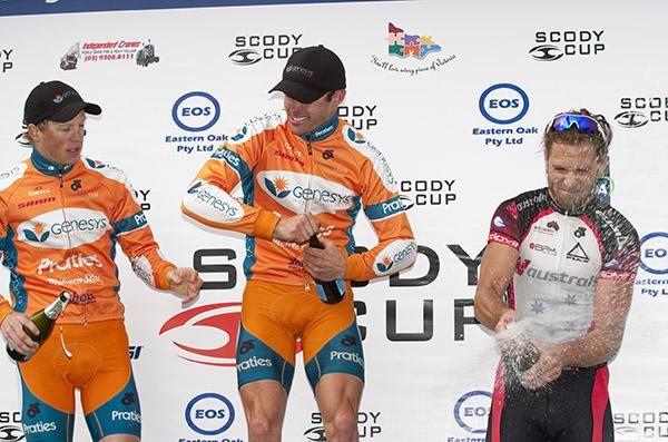 The stage three podium (l-r): Patrick Shaw (2nd,Genesys Wealth Advisers), Steele Von Hoff (1st,Genesys Wealth Advisers), and Ben Kersten (3rd,V Australia).