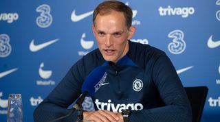 Thomas Tuchel of Chelsea during a press conference at Chelsea Training Ground on August 5, 2022 in Cobham, England