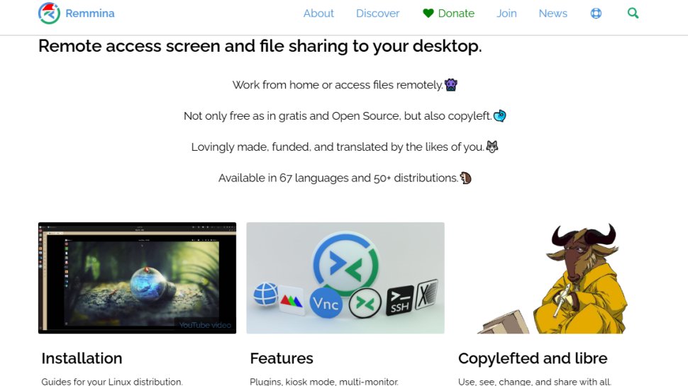 Website screenshot of Remmina (August, 2025)