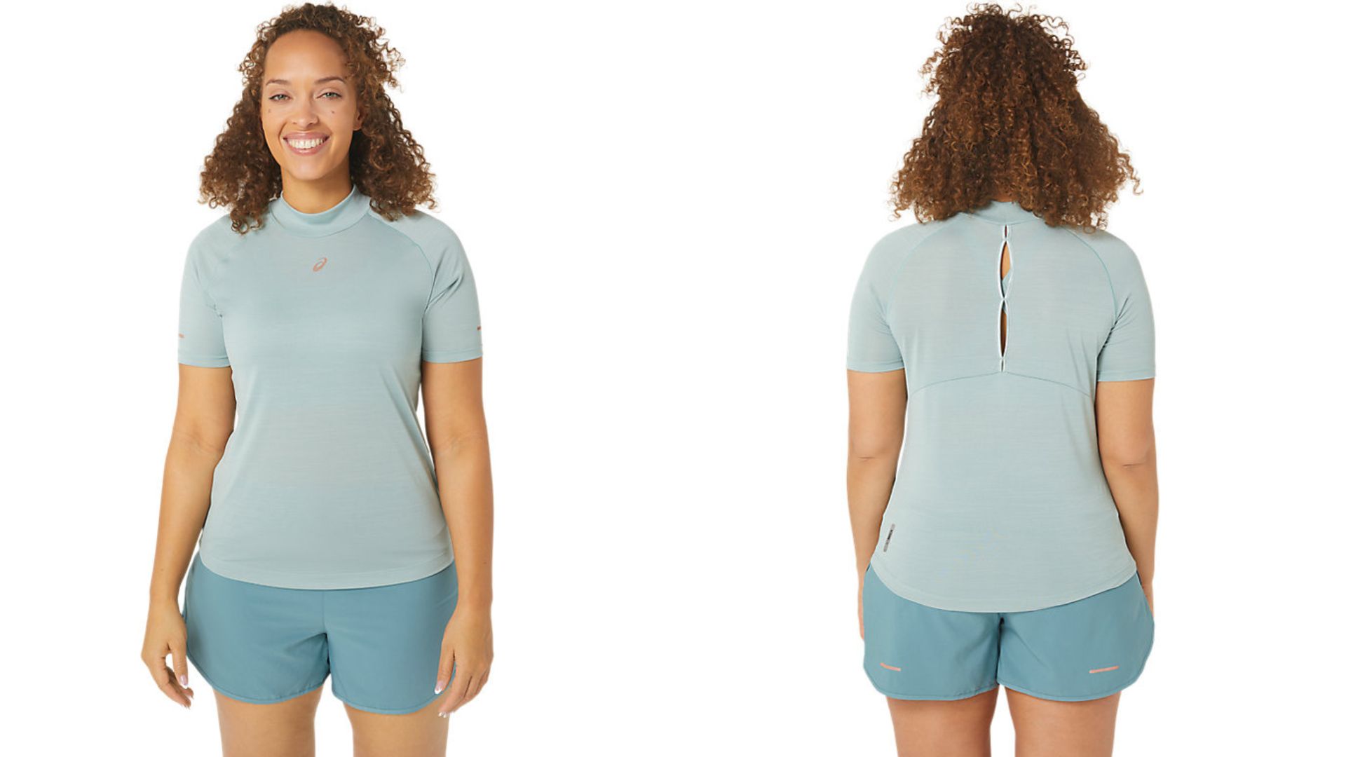 Asics Nagino Run Short Sleeve Top in Ocean Haze, worn by model, front and back views