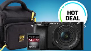 A Sony a6100 camera and 64GB ProGrade SD card are displayed alongside a black camera bag, highlighted by a "Hot Deal" sticker