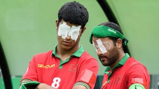 Morocco's Mhammed Daoudi (R) and Zouhair Snisla are pictured ahead of the Blind Football at Paralympics 2024