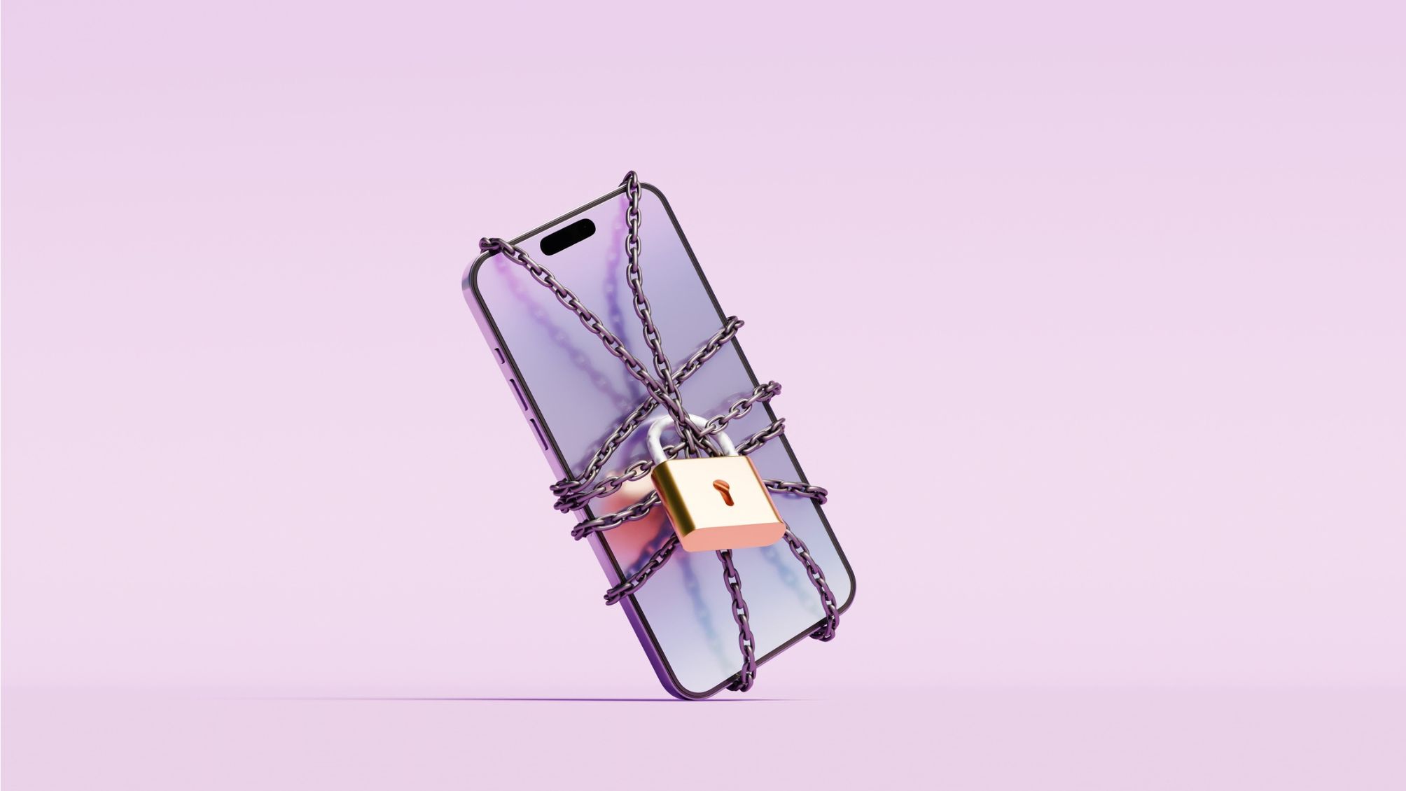 Digital lockdown with a smartphone in lock and chains