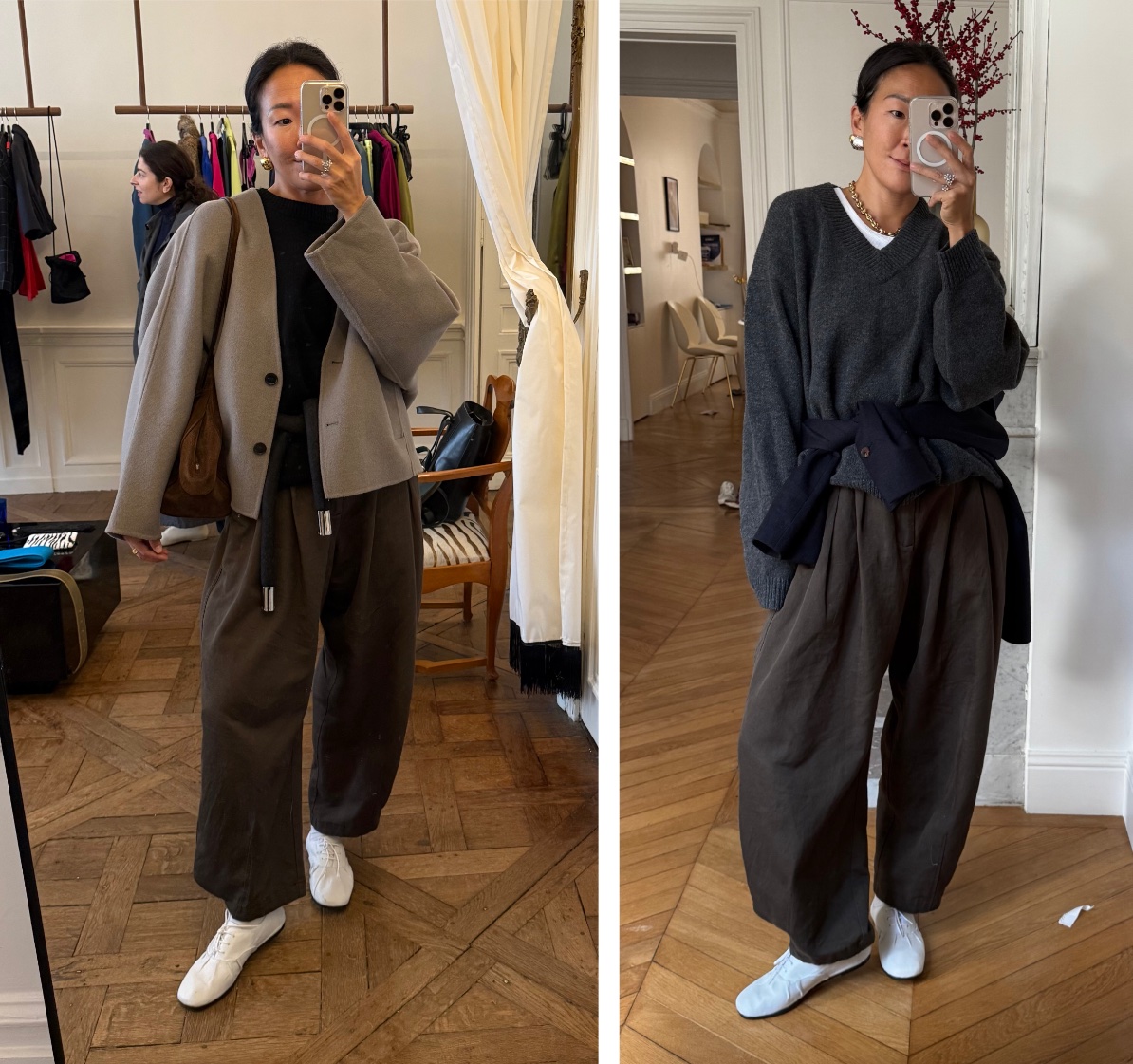 Irene Kim wearing a cardigan, balloon pants, and jazz shoes