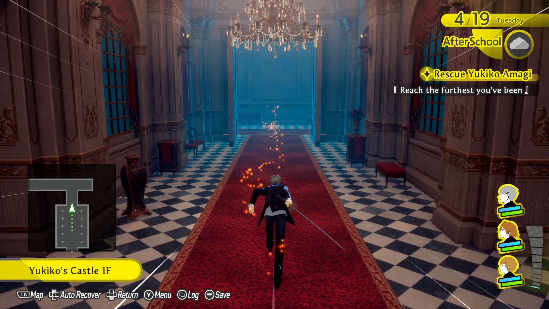 The main character runs down a palace-like hallway in Persona 4 Revival