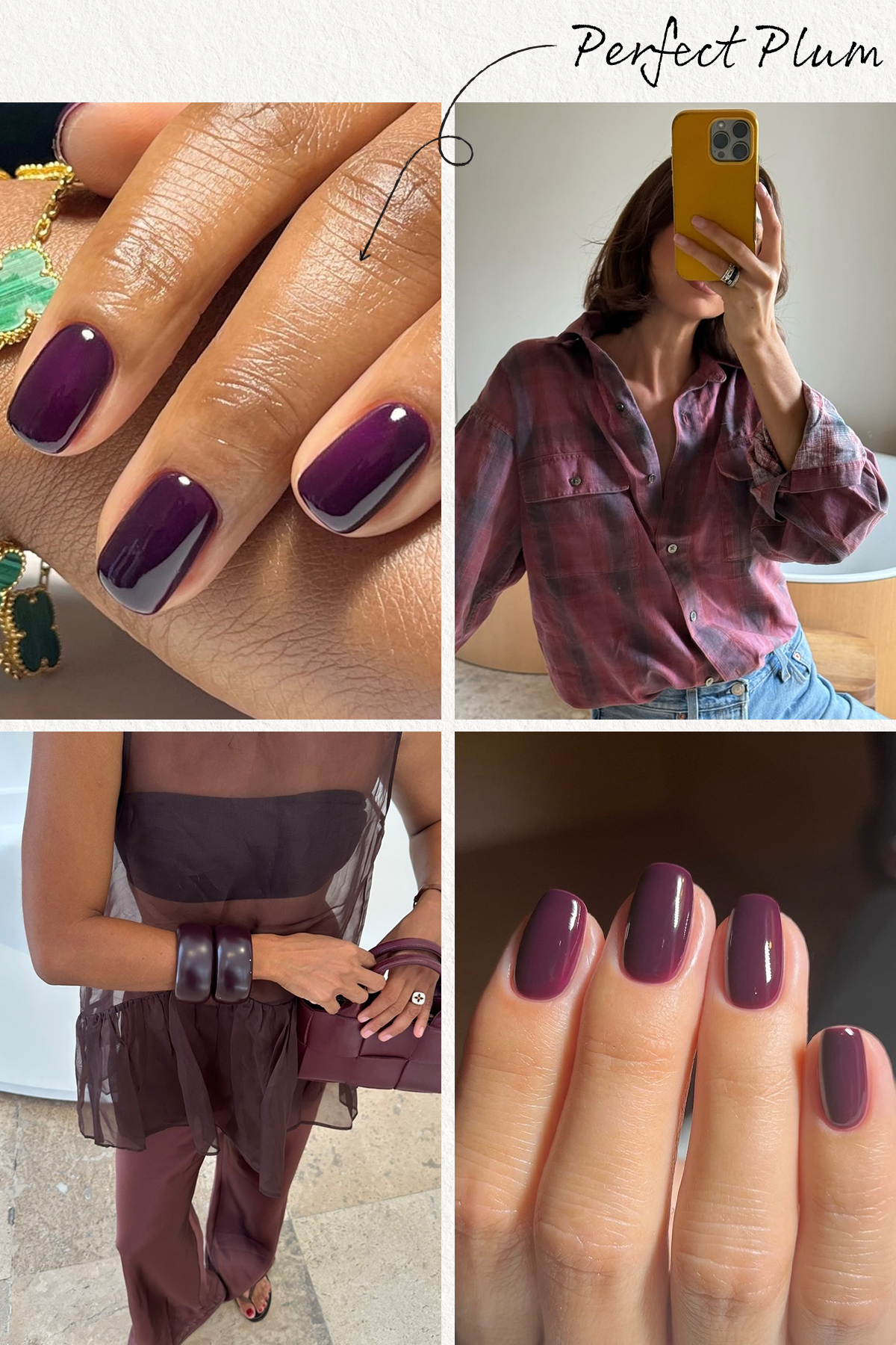 A collage of plum nail looks and outfits