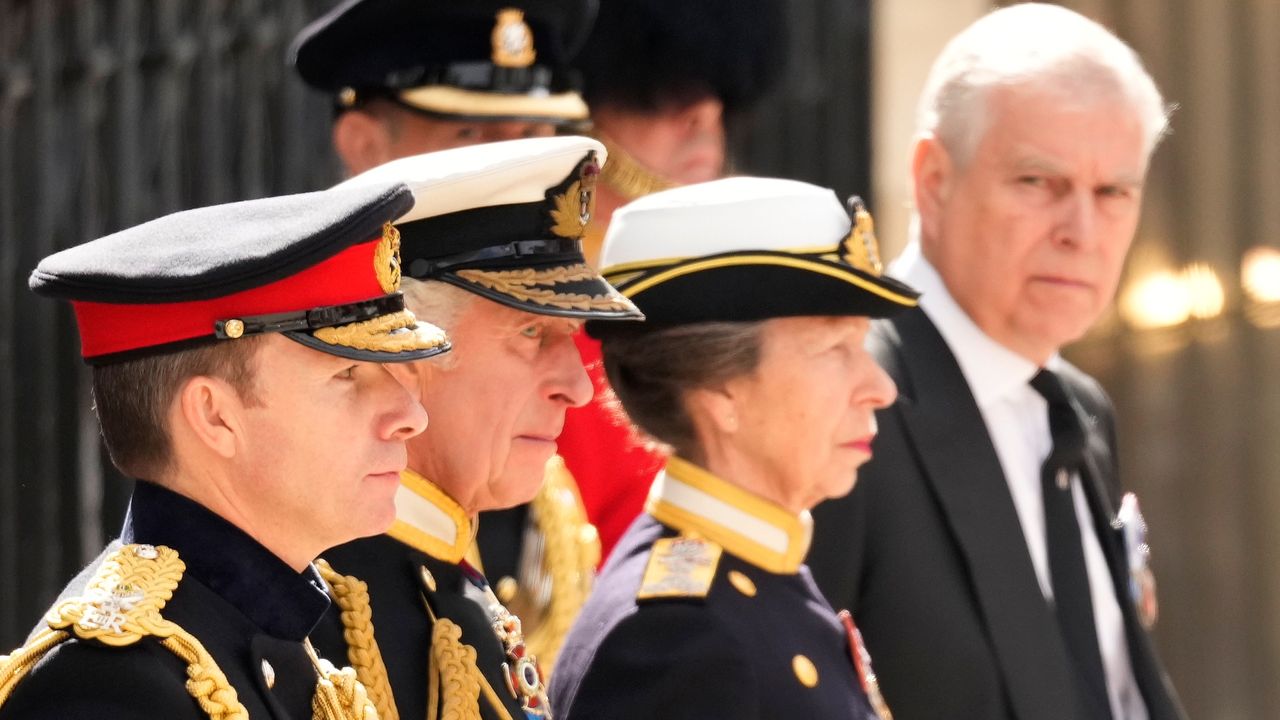 King Charles III, Anne, Princess Royal and Prince Andrew, Duke of York watch on as The Queen&#039;s funeral cortege borne on the State Gun Carriage of the Royal Navy as it departs Westminster Abbey on September 19, 2022 in London, England. Elizabeth Alexandra Mary Windsor was born in Bruton Street, Mayfair, London on 21 April 1926. She married Prince Philip in 1947 and ascended the throne of the United Kingdom and Commonwealth on 6 February 1952 after the death of her Father, King George VI. Queen Elizabeth II died at Balmoral Castle in Scotland on September 8, 2022, and is succeeded by her eldest son, King Charles III.