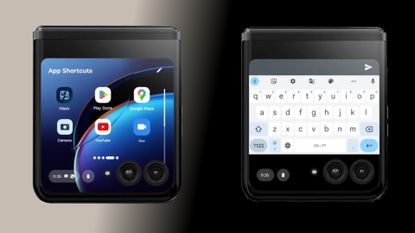 The Motorola Razr 40 Ultra shown with full apps and a full sized keyboard