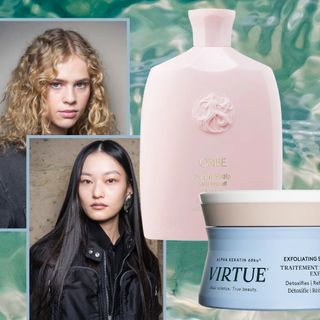 models with dandruff on a water background next to dandruff treatments