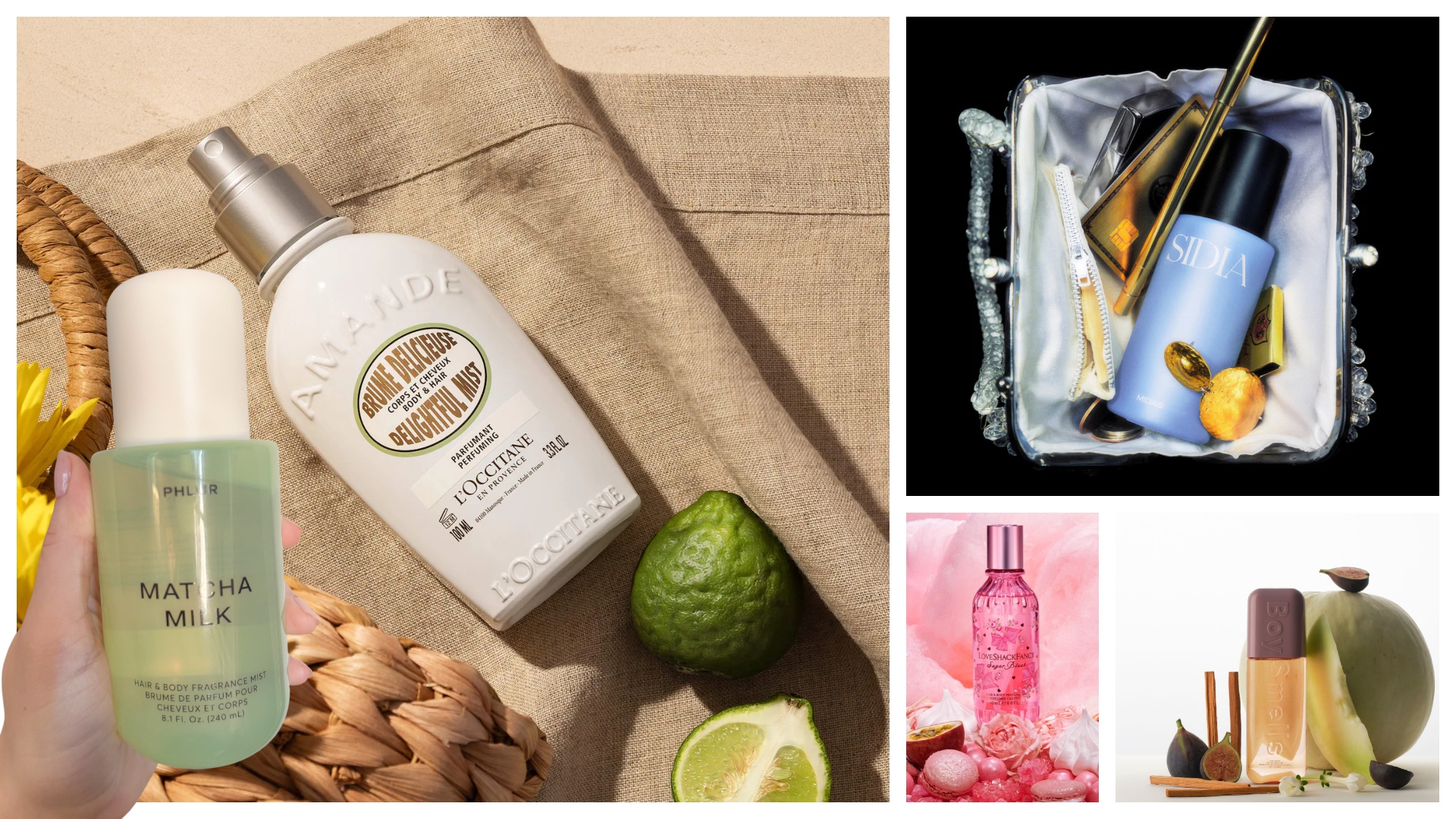 collage of winter body mists and a girl's hand holding a phlur fragrance