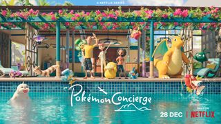 The Pokémon Concierge poster featuring the characters and all kinds of Pokémon stood by the pool