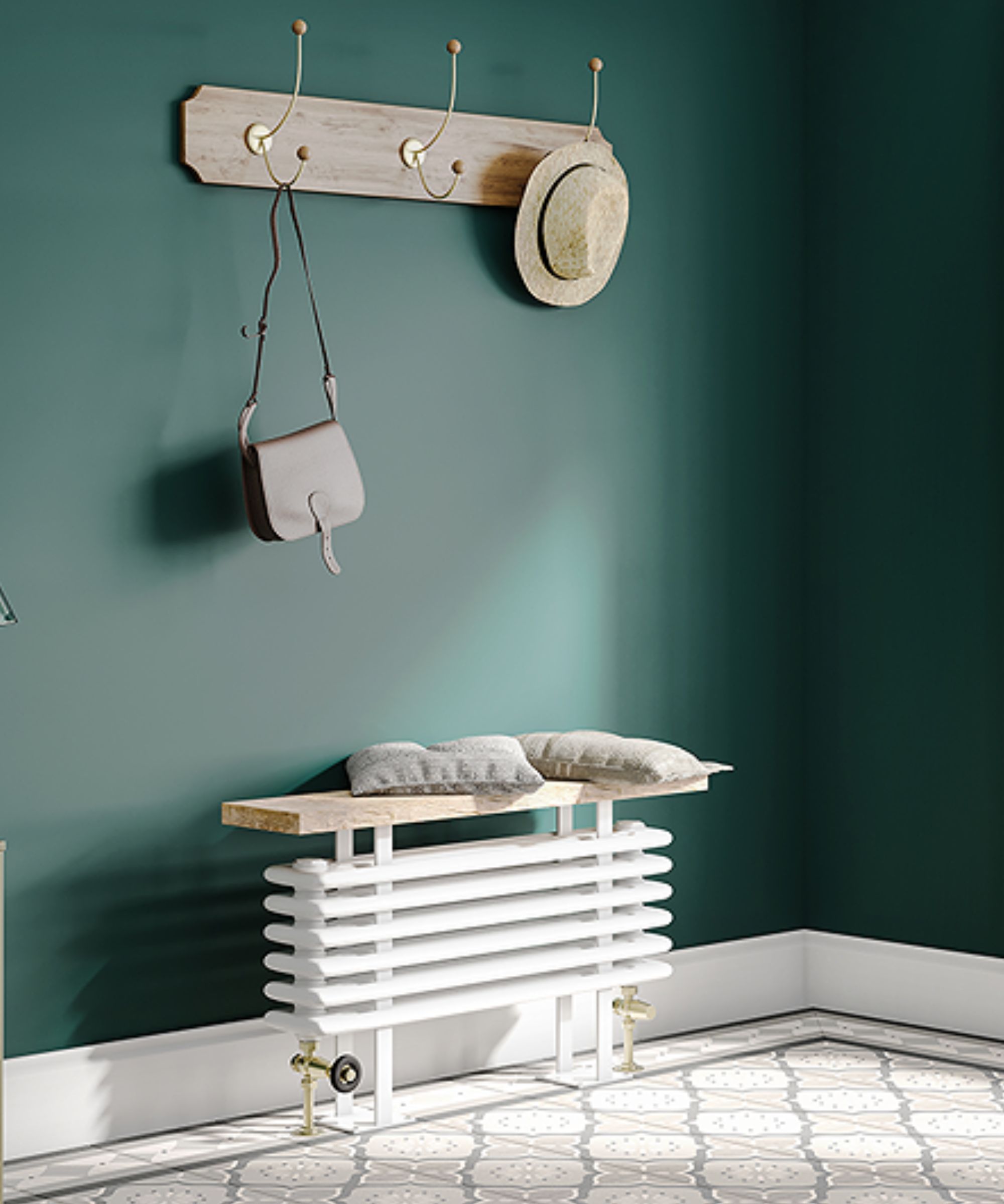 A sleek white horizontal radiator topped with a rustic wooden shelf and cushions, doubling as a handy bench in a stylish hallway with deep green walls.